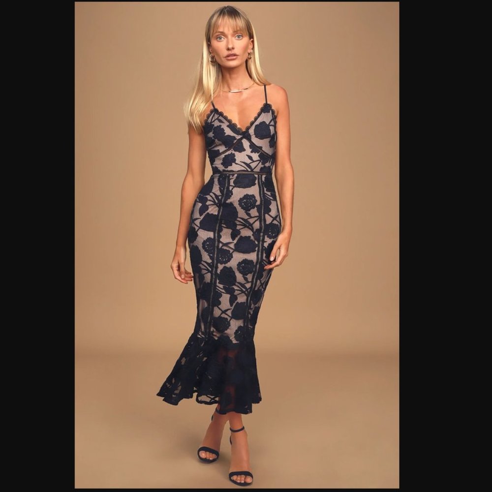 Alluring Dream Navy Blue Floral Mesh Lace Trumpet Midi Dress - BRAND NEW